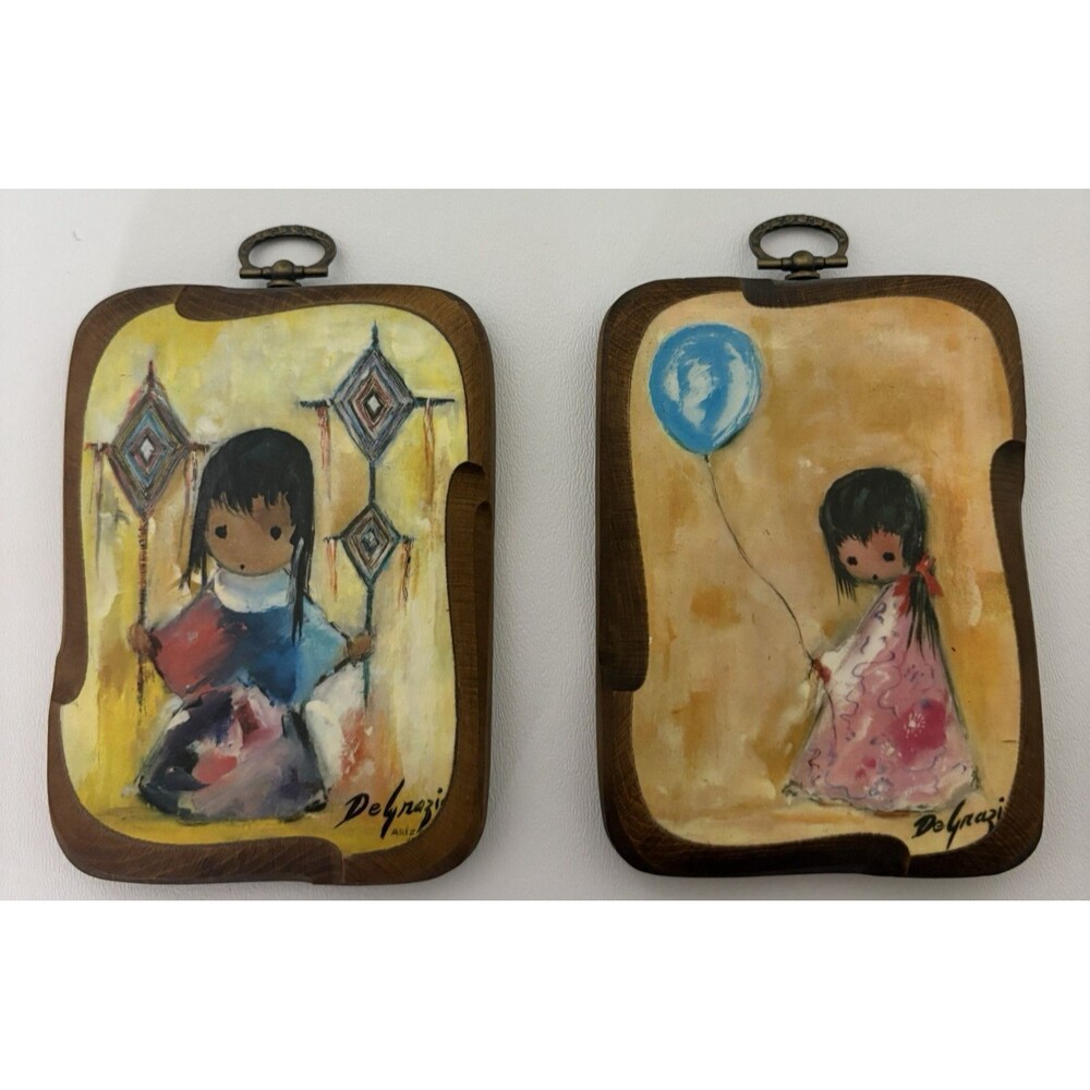 Set 2 Ted DeGrazia Wood Art Plaques Vintage Retro Wall Hanging Decor De Grazia